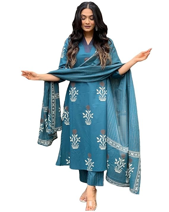 GoSriKi Women's Rayon Blend Straight Printed Kurta with Pant & Dupatta